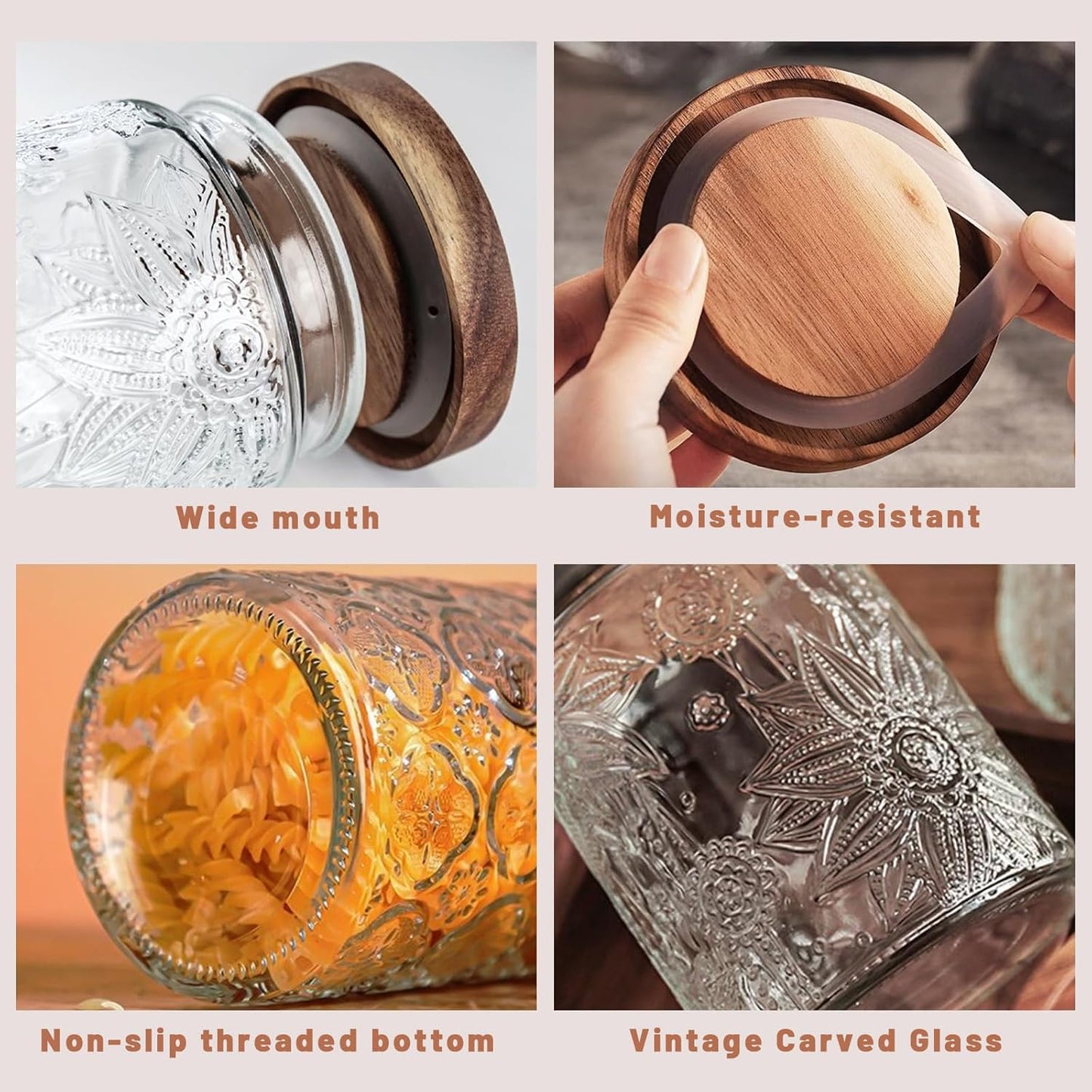 Vintage Glass Jars with Wooden Lids, 2 Pack 34 oz Airtight Glass Food Storage Containers Sets for the Kitchen, Sugar Coffee Candy Spice Cookie Tea Pasta