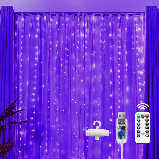Brightown 300 LED Purple Fairy Curtain Lights, 9.8ft x 9.8ft Curtain String Lights, USB Plug in 8 Lighting Modes LED Christmas String Hanging Lights with Remote for Bedroom Indoor Outdoor Weddings