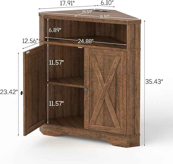 Vabches Corner Storage Cabinet, Small Corner Cabinet with USB Ports and Outlets Organizer, Barn Door Design and Adjustable Shelf, Living Room, Kitchen, Bathroom.Red-Brown