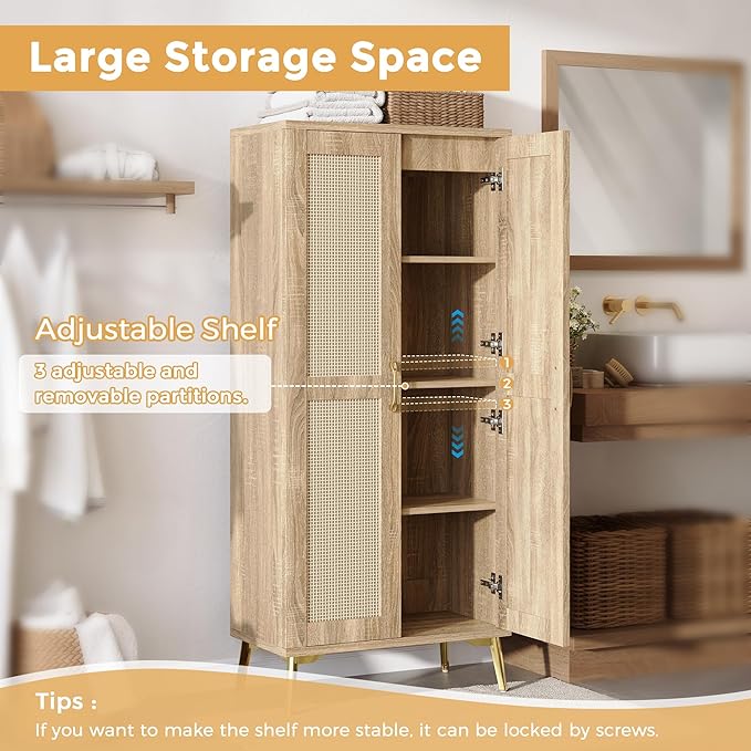 JASIWAY Tall Bathroom Storage Cabinet with Doors and Shelves, 57" Linen Floor Storage Cabinet for Laundry Entryway, Wood Freestanding Pantry with Metal Handle, Adjustable Shelves, Anti-Tipping Device