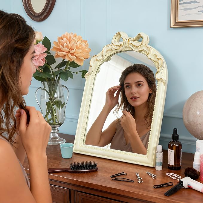 Cream Bow Mirror - 13x10 Inch Perfect Elegant Decorative Accent, Wall-Mounted Tabletop Makeup Mirror for Nursery Baby Room Bedroom Decor
