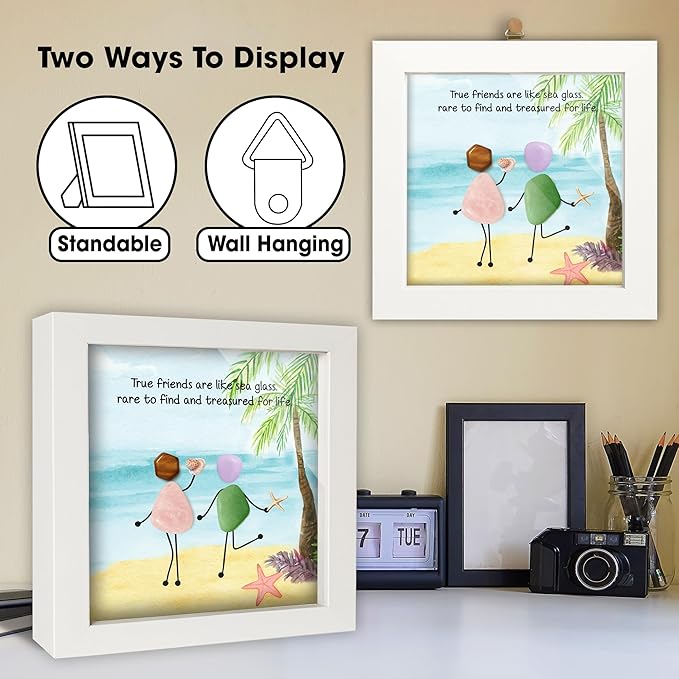 Friendship Birthday Gifts for Women, 5.5" Sea Glass Art Frame Best Friend Wall Art Decor, Engraved Bestie Keychain, Thank You Card, Appreciation Presents for Her Sisters, BFF, Besties, Friends S94-55