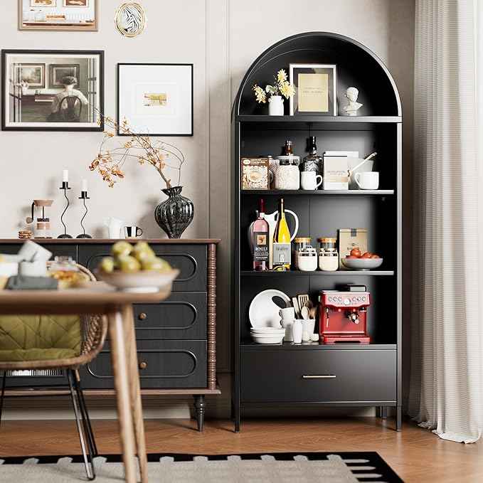 Metal Arched Bookcase Cabinet with 2 Adjustable Shelf, Black Arched Bookshelf with Drawer for Home Office Living Room,Required Assembly