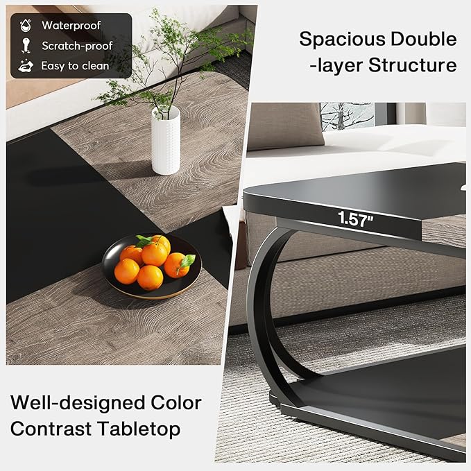 Tribesigns Coffee Table with Open Storage Shelf for Living Room, 39 Inch Large Wood Center Table Square Low Coffee Tables 2 Tier Farmhouse Tea Table with Metal Frame for Home Office, Black Rustic Grey