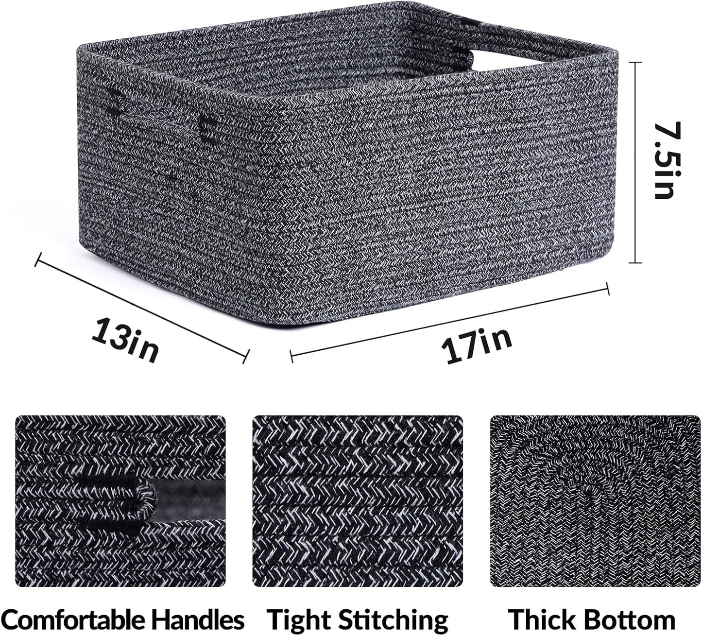 Large Storage Baskets for Shelves, Closet Organizers Bins for Clothes Blanket Towels, Baby Nursery, Toy Baskets Box, Woven Rope Baskets, 17 x 13 x 7.5”, 3 Packs Dark Gray