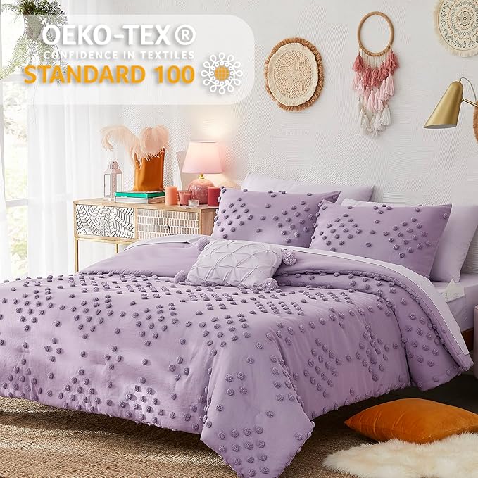 Geniospin Purple Twin Comforter Set for Girls- 5 Pieces Pom Tufted Bed in A Bag Twin Bedding Sets with Sheets, Pillowcases & Shams, All Season Kids Comforter Set