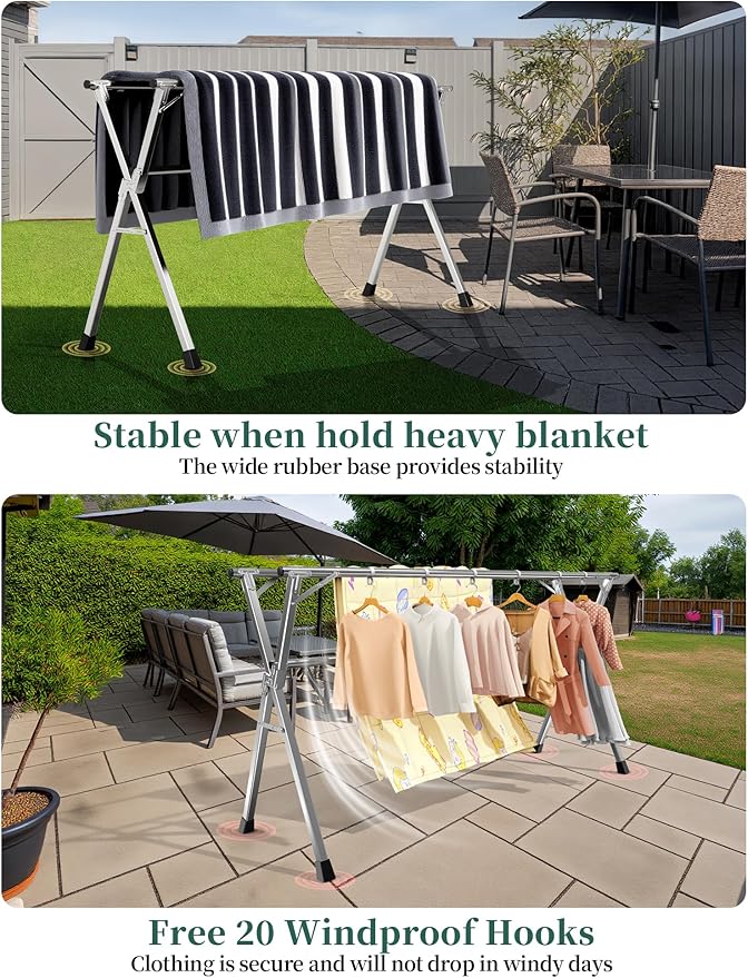 95 Inches Heavy - Duty Stainless Steel Folding Clothes Drying Rack Clothing Indoor Outdoor Anti-Rust 20 Windproof Hooks Portable & Foldable Laundry Rack (95'')