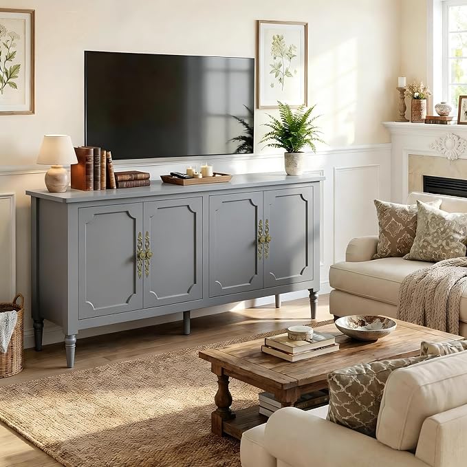 RoyalCraft 59" Buffet Cabinet with Storage, Vintage Sideboard with Adjustable Shelves & Carved Handle, Mid Century Modern Painted Credenza Coffee Bar for Kitchen, Dining Room, Dove Gray