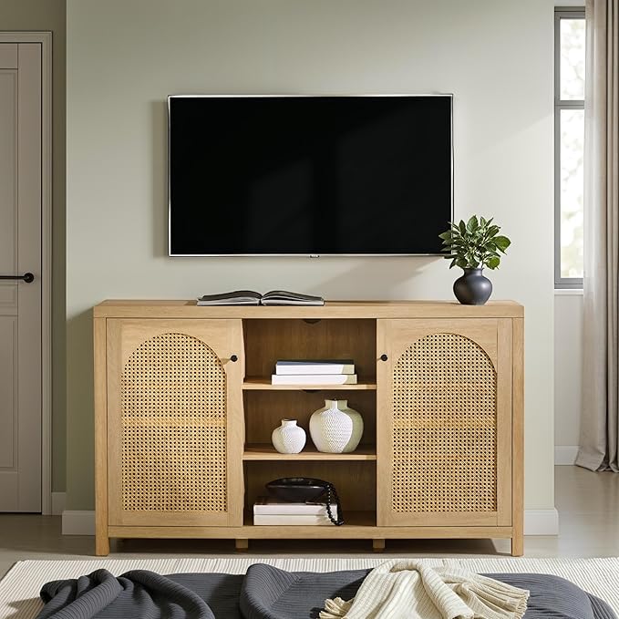 Walker Edison Sasha 2-Door Sideboard Buffet with Arched Rattan Panels, 58 Inch, Coastal Oak