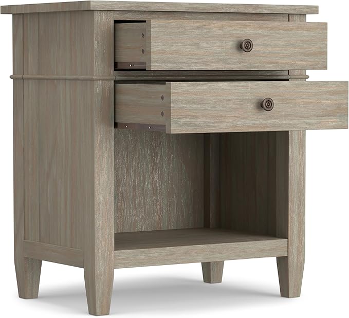 SIMPLIHOME Carlton Bedside Table - 24 inch Wide Solid Wood Nightstand Table in Distressed Grey, Transitional Bedroom Side or End Table with 2 Drawers, Open Storage Shelf and Bronze Hardware