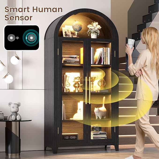 Vlsrka 71" Arched Storage Cabinet with Doors, Display Cabinet with LED Light & Human Sensor, 5-Tier Display Cases for Collectibles, Curio Cabinet with Ajustable Shelf for Living Room, Black