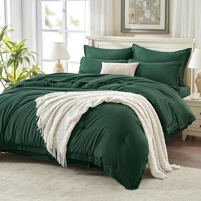 Andency California King Size Comforter Set with Sheets Emerald Green - 7 Pieces Cal King Bed in a Bag Boho Bedding Sets, Dark Green Fringe Bed Set with Comforter, Sheets, Pillowcases & Shams