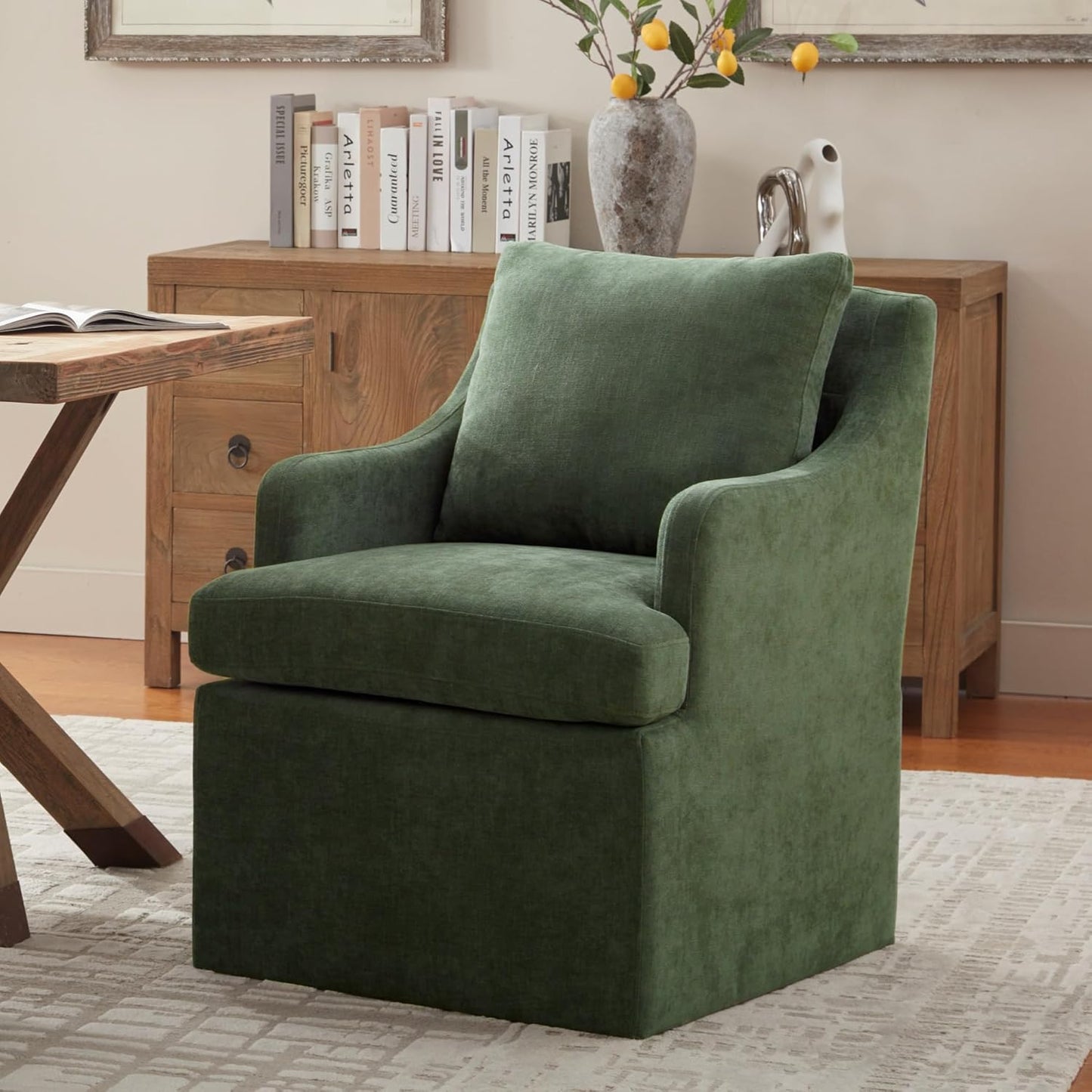 VKNOW Upholstered Dining Chairs Set of 2, Modern Kitchen Chair Dinner Chairs with 4 Casters, Linen Armchair for Bedroom Reading Room, Green