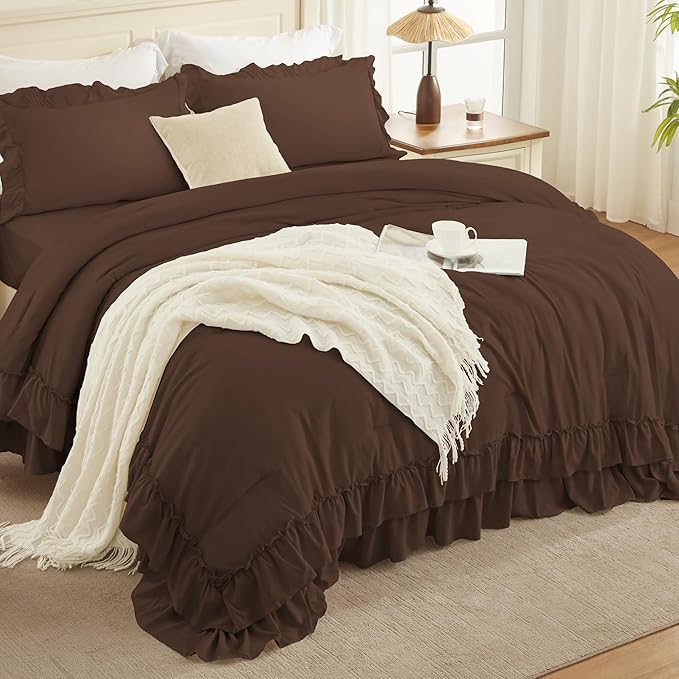 Andency Brown Oversized Queen Comforter Set (98x98Inch), 3 Pieces Lightweight Fluffy Ruffle Bedding Comforter Sets for Queen Bed, Farmhouse Shabby Chic Soft All Season Bed Set