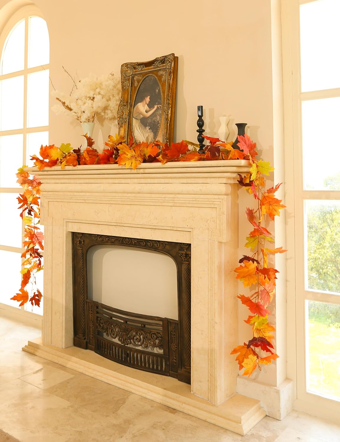 Joyhalo 2 Pack Fall Leaves Garland for Mantle, Autumn Leaf Garland Indoor Outdoor Fall Decor, Hanging Maple Leaves for Mantle, Door Frame, Fireplace and Thanksgiving Decor