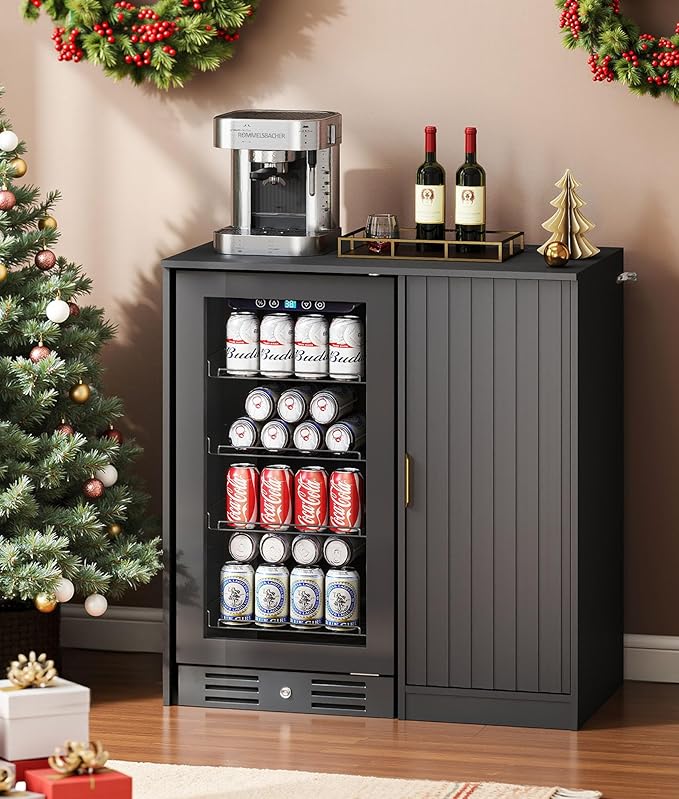 Coffee Bar with Mini Fridge Space - Snack Bar Cabinet with Power Outlet, Fluted Mini Fridge Cabinet with Adjustable Shelf for Kitchen Dining Room Living Room, Black