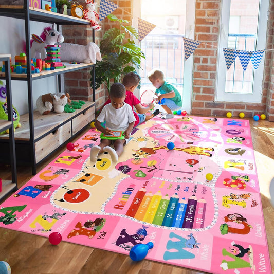 Kids Rugs for Playroom Bedroom Classroom Nursery, Non-Slip and Washable Rugs for Children Toddlers Girls, Educational and Fun Rug Carpets with ABC Alphabet Animals Shapes, 5x7, Pink
