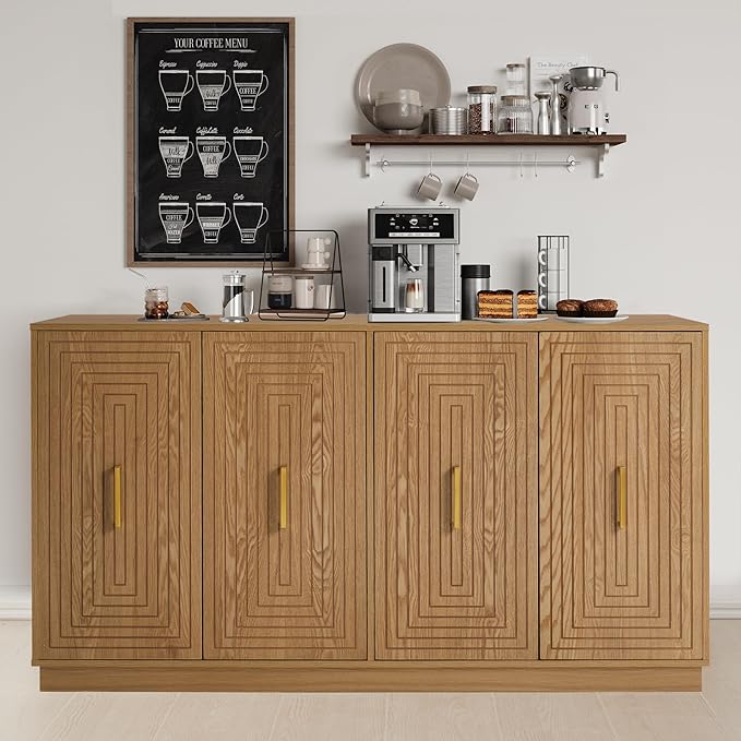 RoyalCraft 60'' Large Buffet Cabinet with Storage, Fluted Sideboard with Doors and Adjustable Shelves, Wood Credenzas Console Coffee Bar Cabinet for Kitchen, Living Room, Rustic Oak