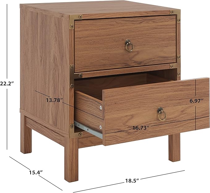 SAFAVIEH Home Collection – Galio Oak & Gold 2-Drawer Nightstand, Vintage-Inspired Bedside Table with Storage for Bedroom (NST9600D)