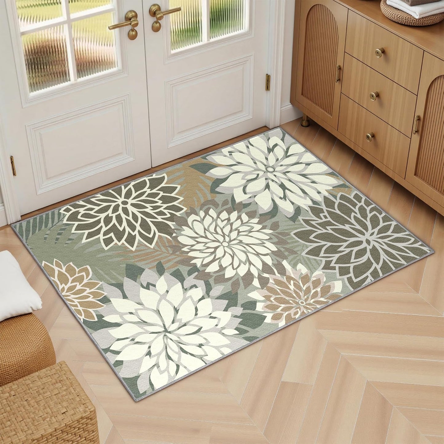 Area Rug 2x3 Brown White Washable Entry Small Rug Multicolored Tropical Botanical Modern Floral Indoor Kitchen Door Mat Entrance Carpet Non Slip for Bedroom Living Room, Porch