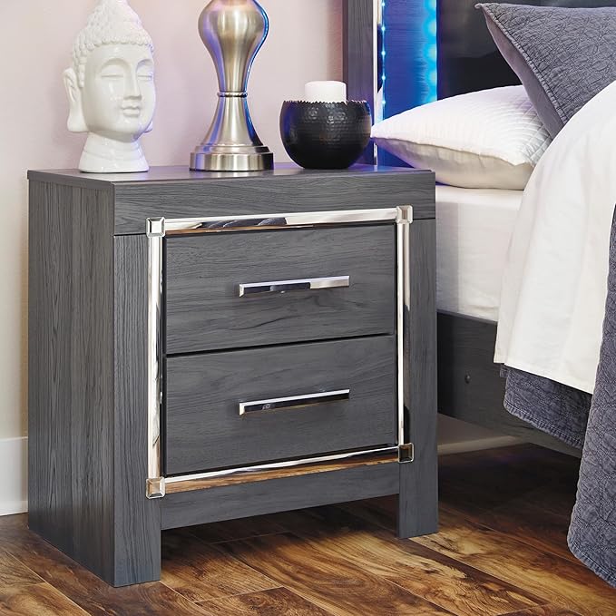 Signature Design by Ashley Lodanna Modern Glam 2 Drawer Nightstand with USB & Wireless Charging Options, 24.41" Tall, Gray Wood Grain