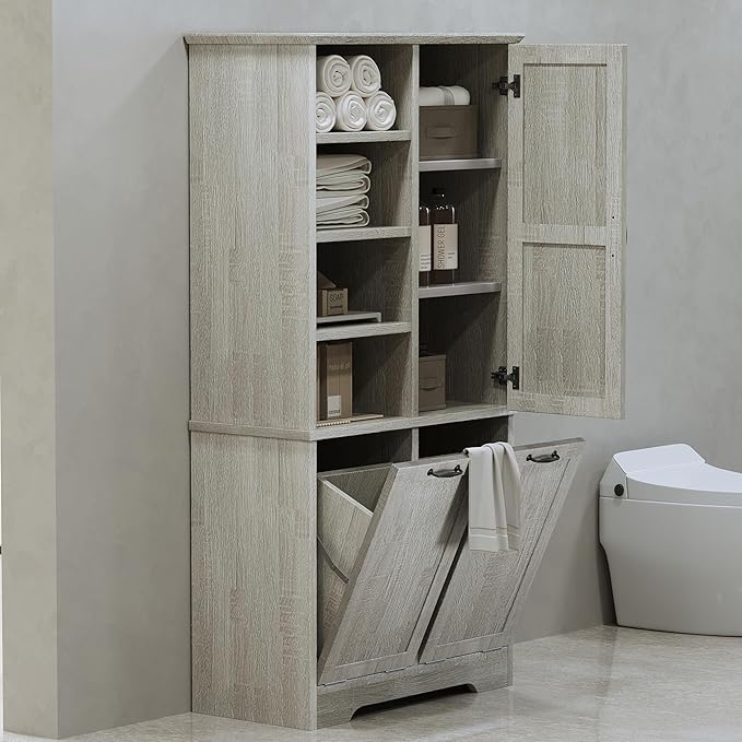 68" Tall Bathroom Storage Cabinet with Two Doors and Two Laundry Hampers for Home Display Organizer, Adjustable Shelf, Oak