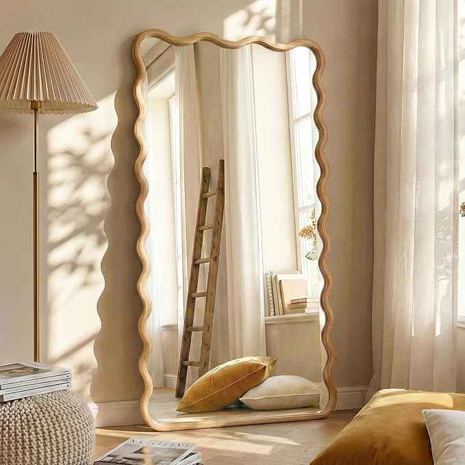 Wavy Mirror for Wall, 55"x28" Boho Wavy Wood Mirror Large Full Length Decorative Mirror with Tempered Glass, Natural Wooden Frame Vanity Mirror for Bedroom, Living Room, Entryway