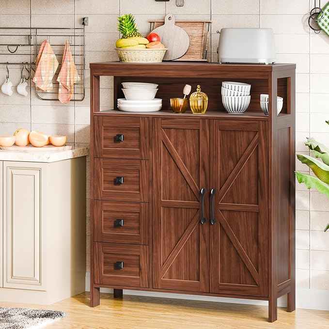 Vabches Farmhouse Storage Cabinet with 2 Doors and 4 Drawers, Freestanding Bathroom Compartment Kitchen Pantry Cabinet, Floor Cupboard for Kitchen/Living Room/Bathroom,Walnut