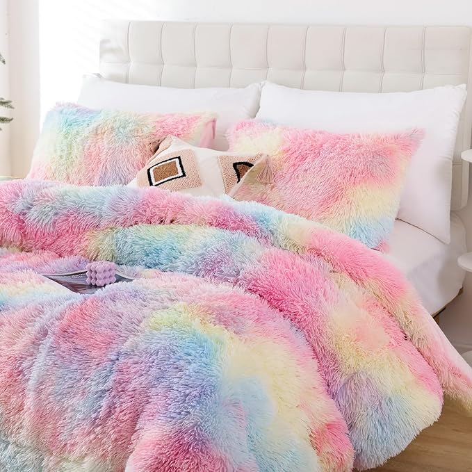 Smoofy Fluffy Full Size Comforter Set, Faux Fur Rainbow Comforter Set, Luxury Fuzzy Bedding Set, Soft Shaggy Full Bed Set for All Season, 3 Pieces - 1 Comforter & 2 Pillowcases