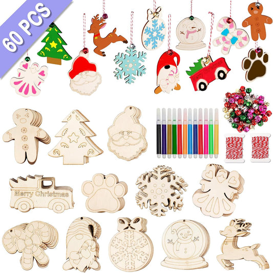 GUDELAK 60PCS DIY Wooden Christmas Ornaments, 12 Styles Christmas Crafts for Kids Adults with Ropes, 60 Bells and 12 Colored Pens, Unfinished Wood Ornaments Making Kit for Christmas Tree Decorations