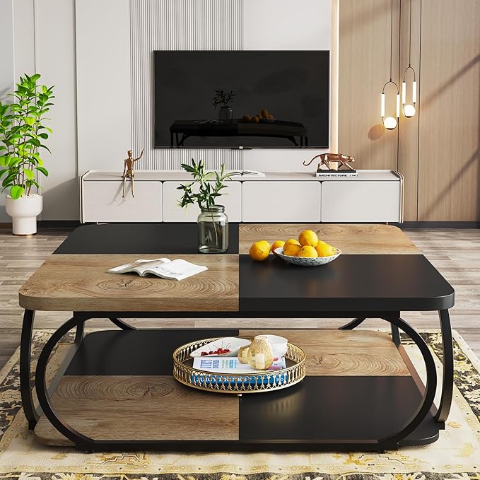 Tribesigns Square Coffee Table with Open Storage Shelf for Living Room, 39 Inch Large Wood Center Table 2 Tier Low Coffee Tables Farmhouse Tea Table with Metal Frame for Home Office, Black Light Brown