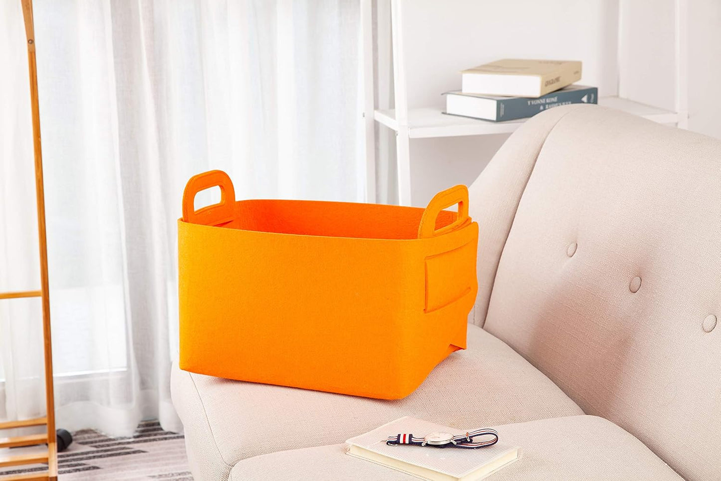 Minoisome Storage Basket Felt Storage Bin Collapsible& Convenient Box Organizer with Carry Handles for Office Bedroom Closet Babies Nursery Toys Laundry (Orange, 13.8inch（L）×9.5inch（W）×8.3inch（H）)