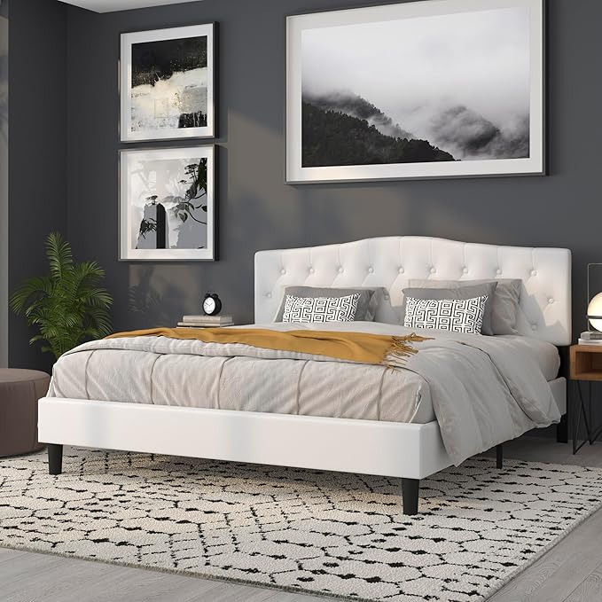 Flash Furniture Cambridge Button Tufted and Diamond Stitched Upholstered King Size Headboard in White Fabric