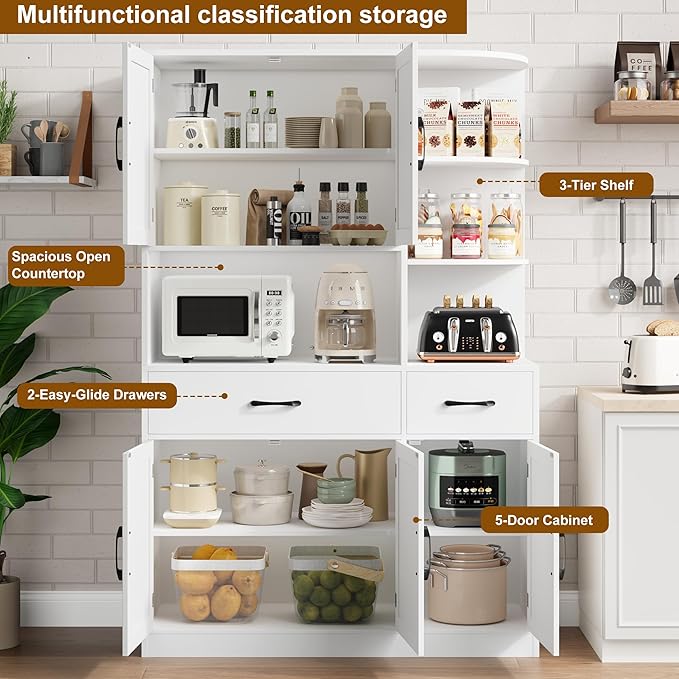 67" Kitchen Pantry Cabinet, Modern Kitchen Hutch with 5 Doors and 2 Drawers, 3-Tier External Shelf, Large Pantry Storage Cabinet with Microwave Stand for Dining Room (White)