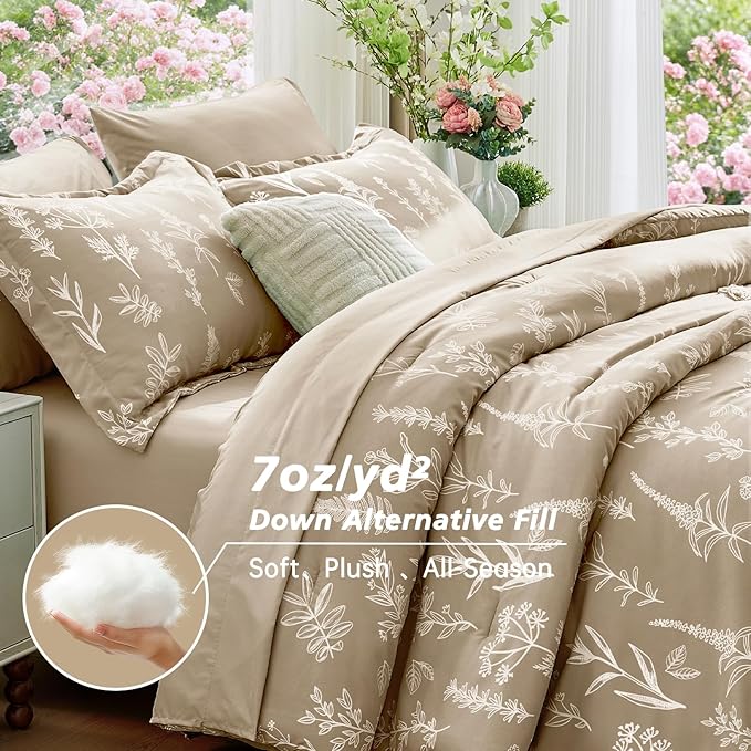 MUXHOMO Taupe Bed in a Bag Queen 7 Pieces, Queen Comforter Set Reversible Botanical Flowers Design, Ultra Soft & Breathable Bedding Sets with Comforter, Sheets, Pillowcases & Shams