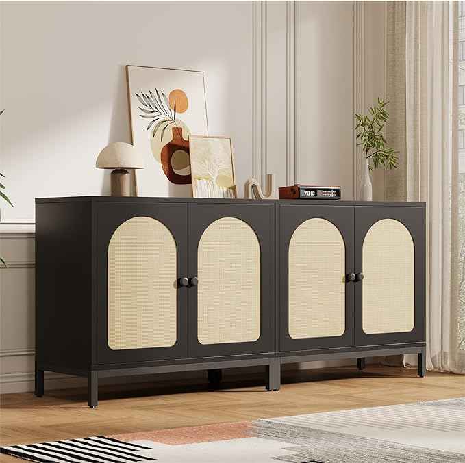 GarveeHome Rattan Sideboard Buffet Cabinet, Kitchen Storage Cabinet with Rattan Doors and Adjustable Shelves, Boho Accent Liquor Coffee Buffet for Living Dining Room Hallway, Black