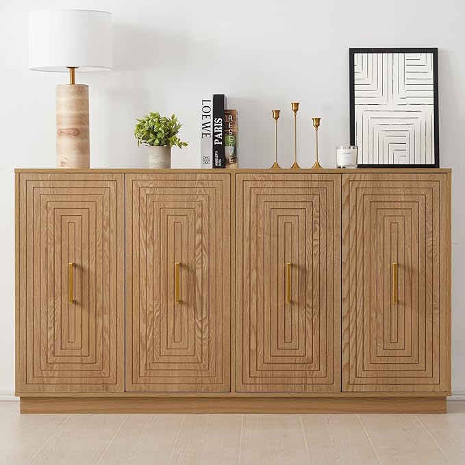 RoyalCraft 60'' Large Buffet Cabinet with Storage, Fluted Sideboard with Doors and Adjustable Shelves, Wood Credenzas Console Coffee Bar Cabinet for Kitchen, Living Room, Rustic Oak