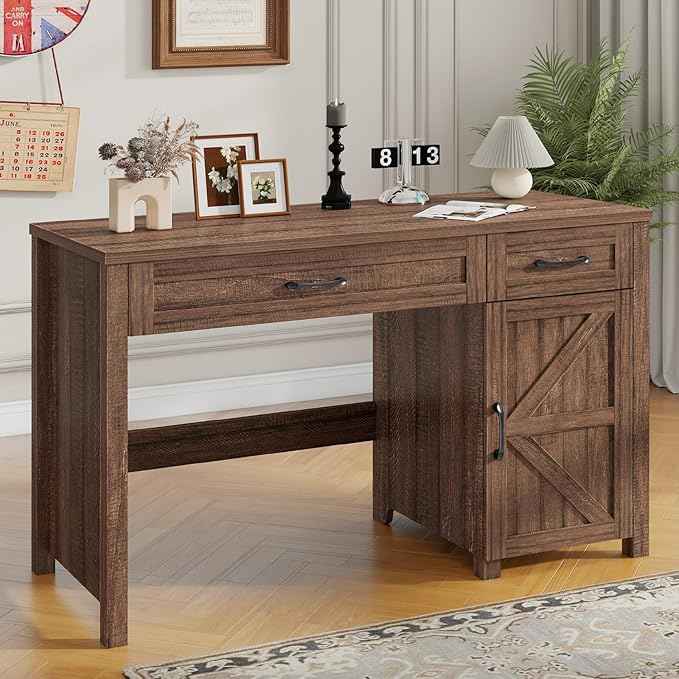 Vabches Farmhouse 47" Executive Desk, Computer Desk with Drawers and Storage Cabinet, Workstation Computer Desk for Home Office, Study.Red-Brown