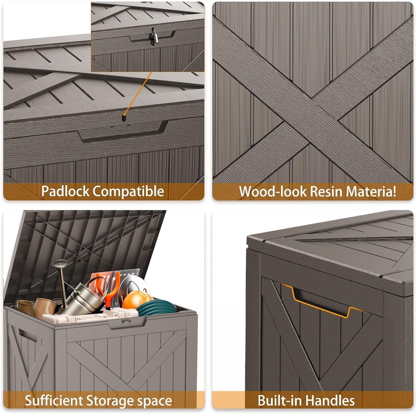 Vixzen 32 Gallon Outdoor Deck Box,Lockable Resin Waterproof Storage Box,UV Resistant,Weather Resistance,Outside Storage Bin for Gardening Tools,Pool Supplies,Grey