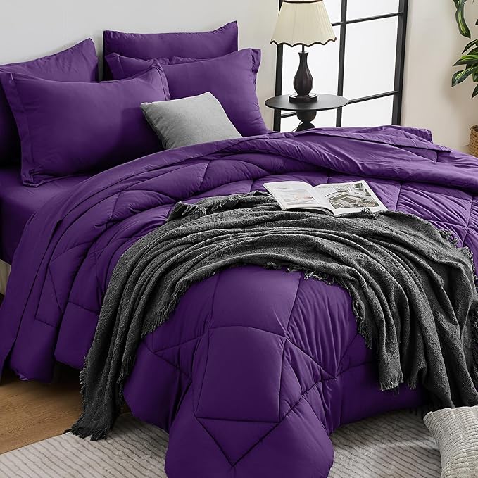 HEVUMYI Purple Queen Comforter Set - 7-Piece All Season Bed in a Bag Queen, Ultra Soft Bedding Set with Comforter, Flat Sheet, Fitted Sheet, Pillowcases, Pillow Shams