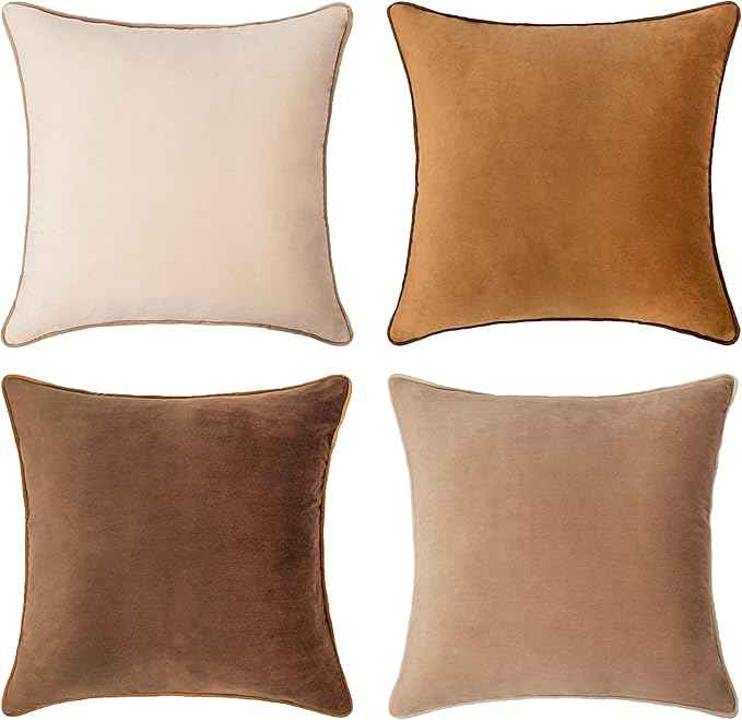 MONDAY MOOSE Decorative Throw Pillow Covers Cushion Cases, Set of 4 Soft Velvet Modern Double-Sided Designs, Mix and Match for Home Decor, Pillow Inserts Not Included (14x14 inch, Brown/Beige)