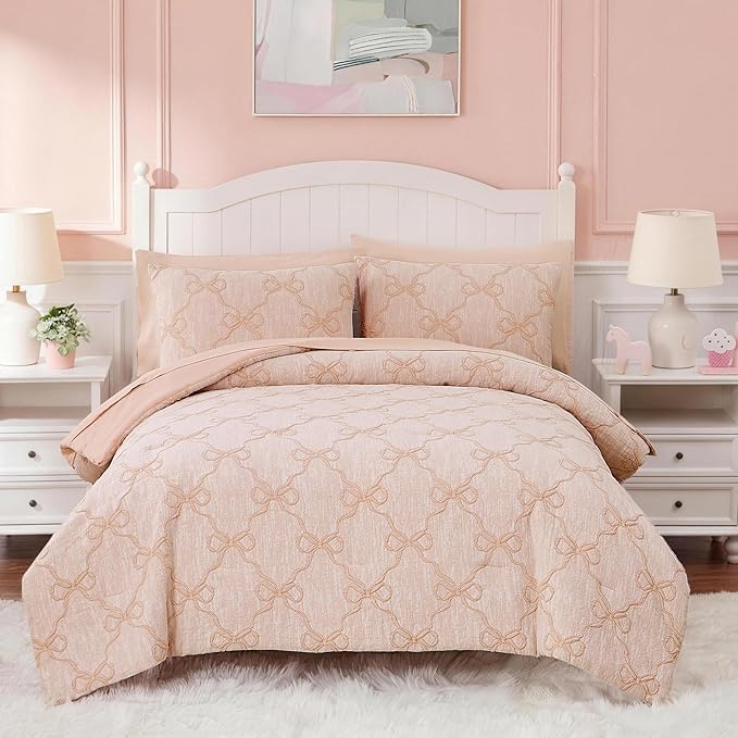 Queen Comforter Set with Sheets for Girls-7 Pieces Queen Bedding Sets with Orange Pink Comforter, Sheets, Pillowcases & Shams for Kids (Orange Pink Diamond, 90" X 90")