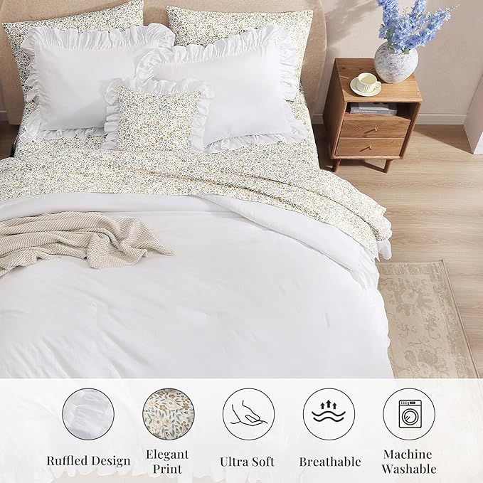 Queen Comforter Set - 7 Pieces Ruffle White Bedding Sets, Shabby Chic Farmhouse Bed in a Bag Queen with Ruffle Comforter, Floral Sheets, Pillowcases & Shams