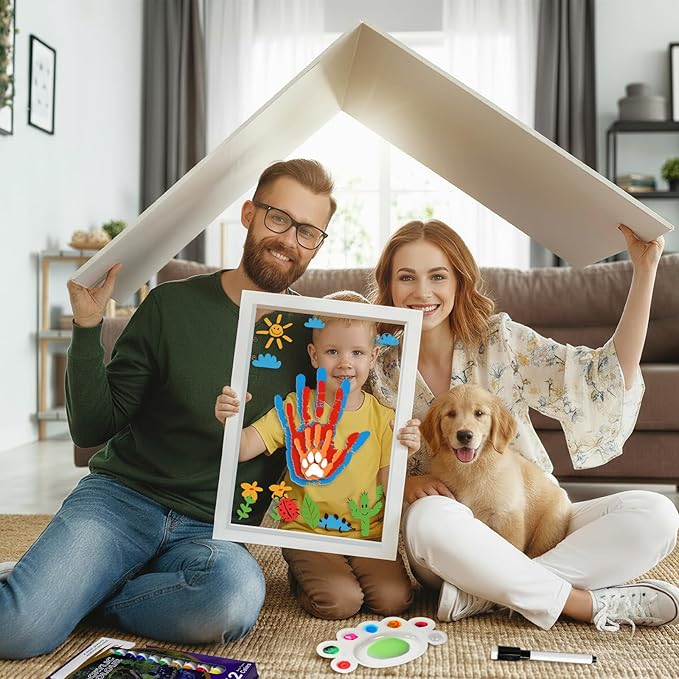 OurWarm Family Handprint Kit for 4, DIY Baby Handprint Set Keepsake Gifts with 50 PC Stickers & 12 Paints, Baby Footprint Kit Wooden Frame for New Parents Anniversary Newborn Adoption Day Gifts