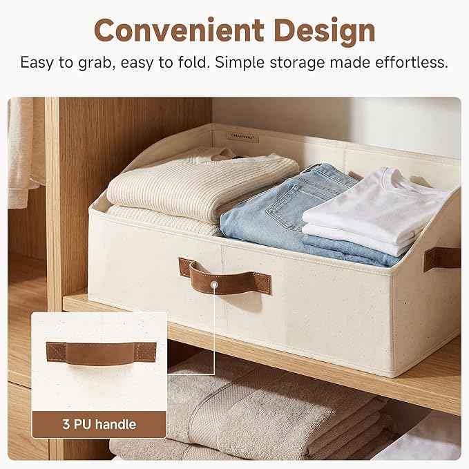StorageWorks Closet Storage Bins, Trapezoid Organizer Box for Shelves, Fabric Clothes Bin, Foldable Organizing Baskets with Handles, Large, Ivory White, 3-Pack