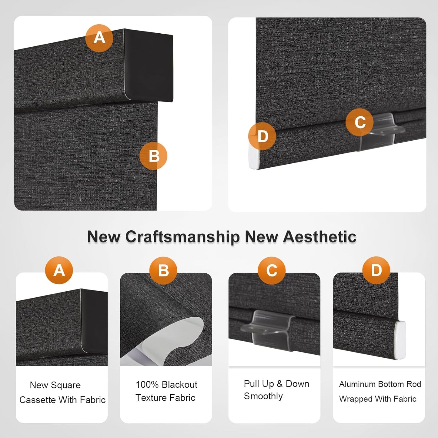 Persilux Free-Stop Cordless Blinds for Indoor Windows with Cover, Window Shades Blackout Roller Blinds, Thermal Insulated Fabric UV Protection for Kitchen, Office, Living Room, Black(46.5" W x 48" H)