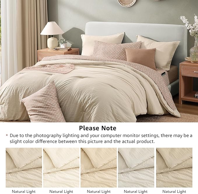 Monbix Queen Comforter Set - 7 Pieces Oatmeal Prewashed Bed in a Bag Queen Bedding Sets with Comforters, All Seasons Ultra Soft Comforter Bed Set with Sheets,Pillowcases & Shams