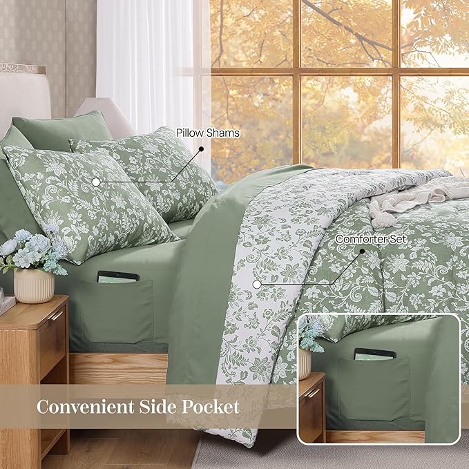 King Comforter Set -7 Pieces Floral Grey Green Comforter Set for All Seasons, Bed in a Bag King with Botanical Flowers Comforter, Sheets, Pillowcases & Shams