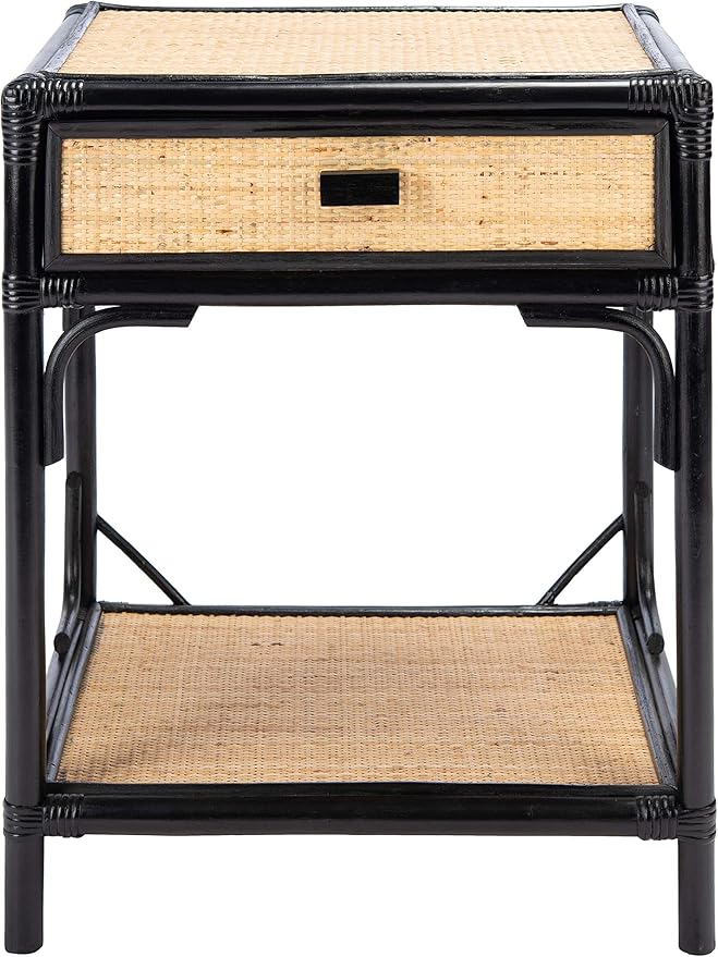 SAFAVIEH Home Collection – Roya Black & Natural Nightstand with Drawer & Shelf, Coastal Accent Table, Bamboo-Style Frame & Rattan Drawer (NST4005D)