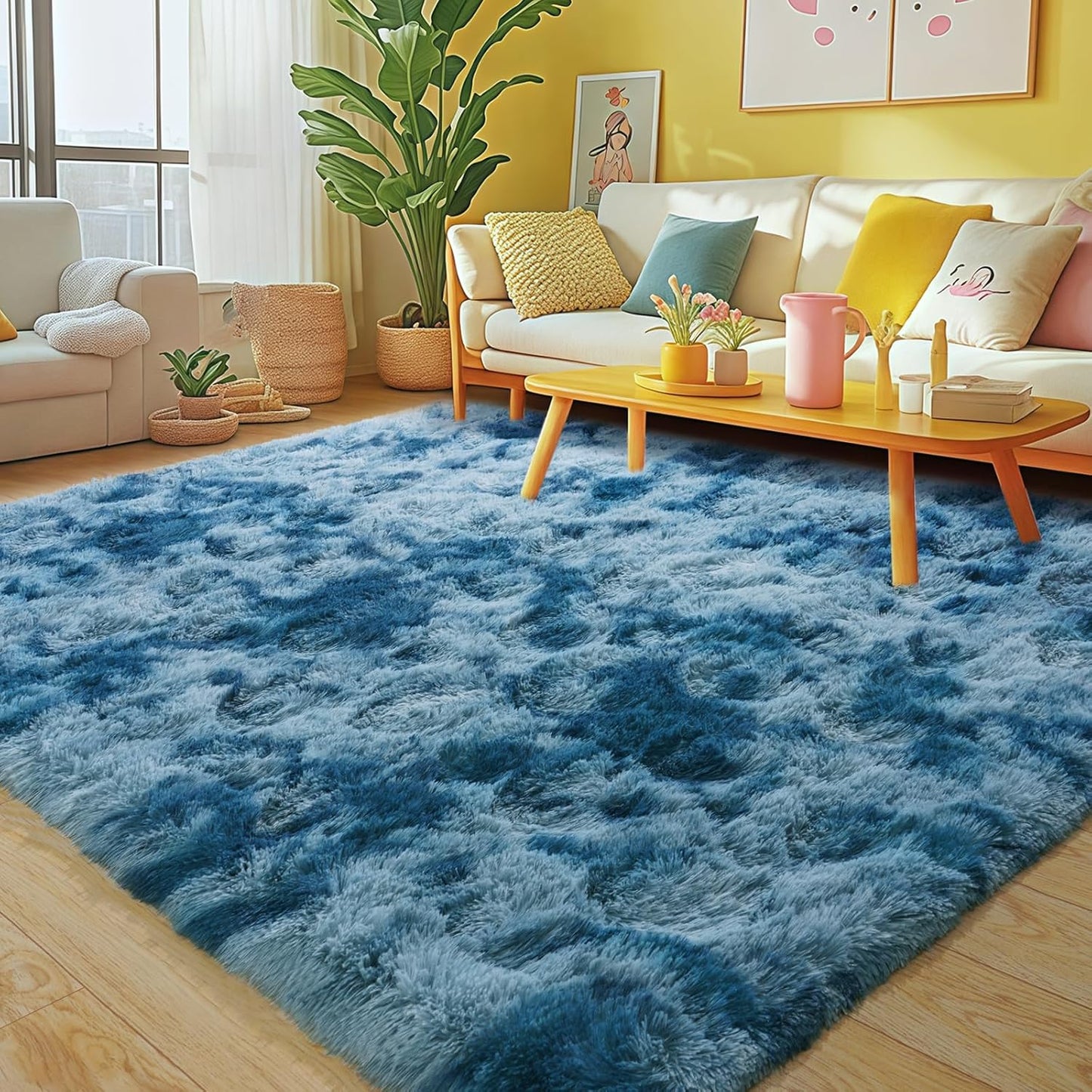 Rezutan Fluffy Rug for Living Room Bedroom, Super Soft Modern Shaggy Fuzzy Kids, Plush Indoor Nursery Home Decor Bedside for Living Room with Non-Slip Bottom, Tie Dye Peacock Blue, 4X6 Feet